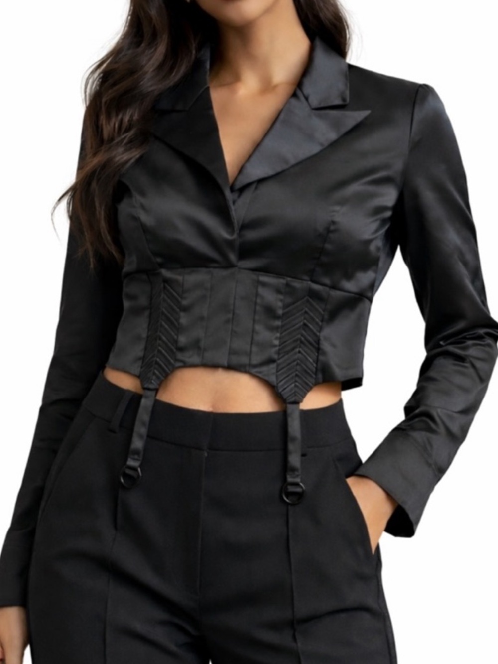 Naked Wardrobe Black Satin Corset Blazer Top Garter Strap Cropped Jacket Size S